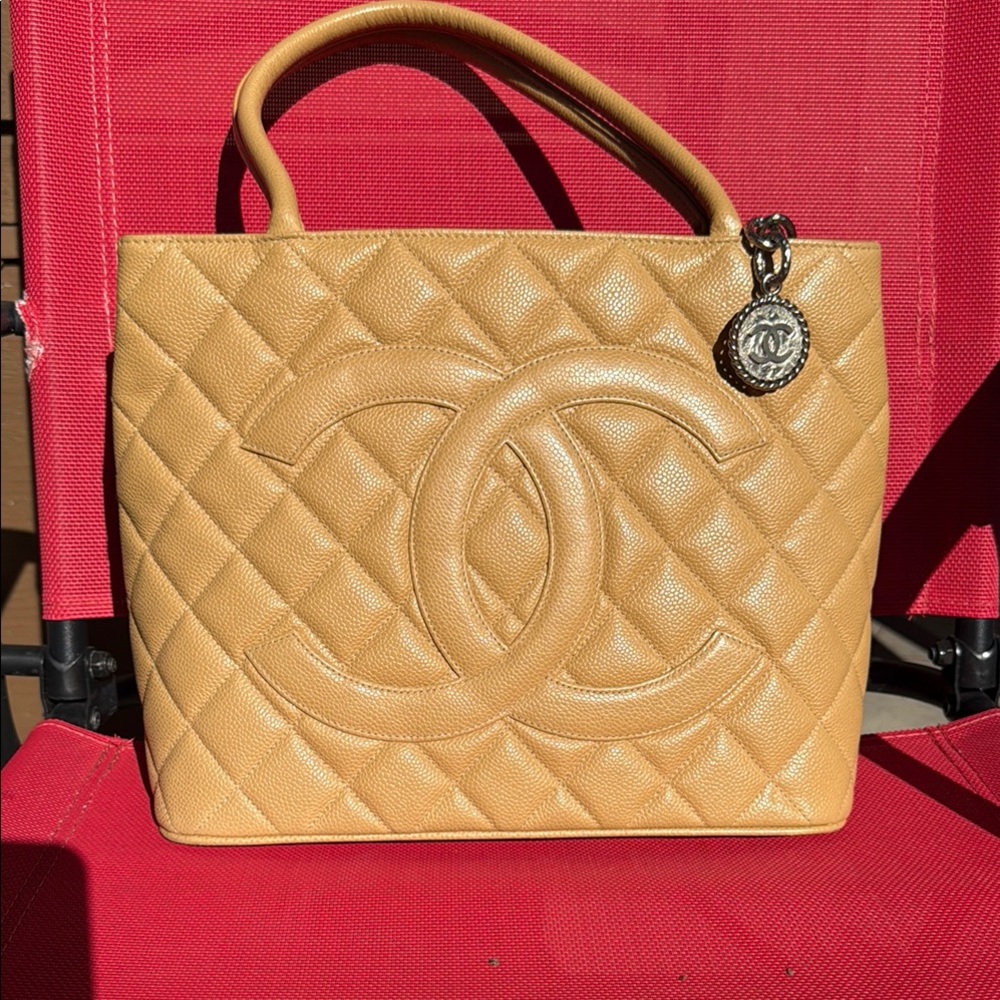 EUC! Chanel Caviar Leather Medallion Shoulder Bag also Tan Quilted Tote Bag